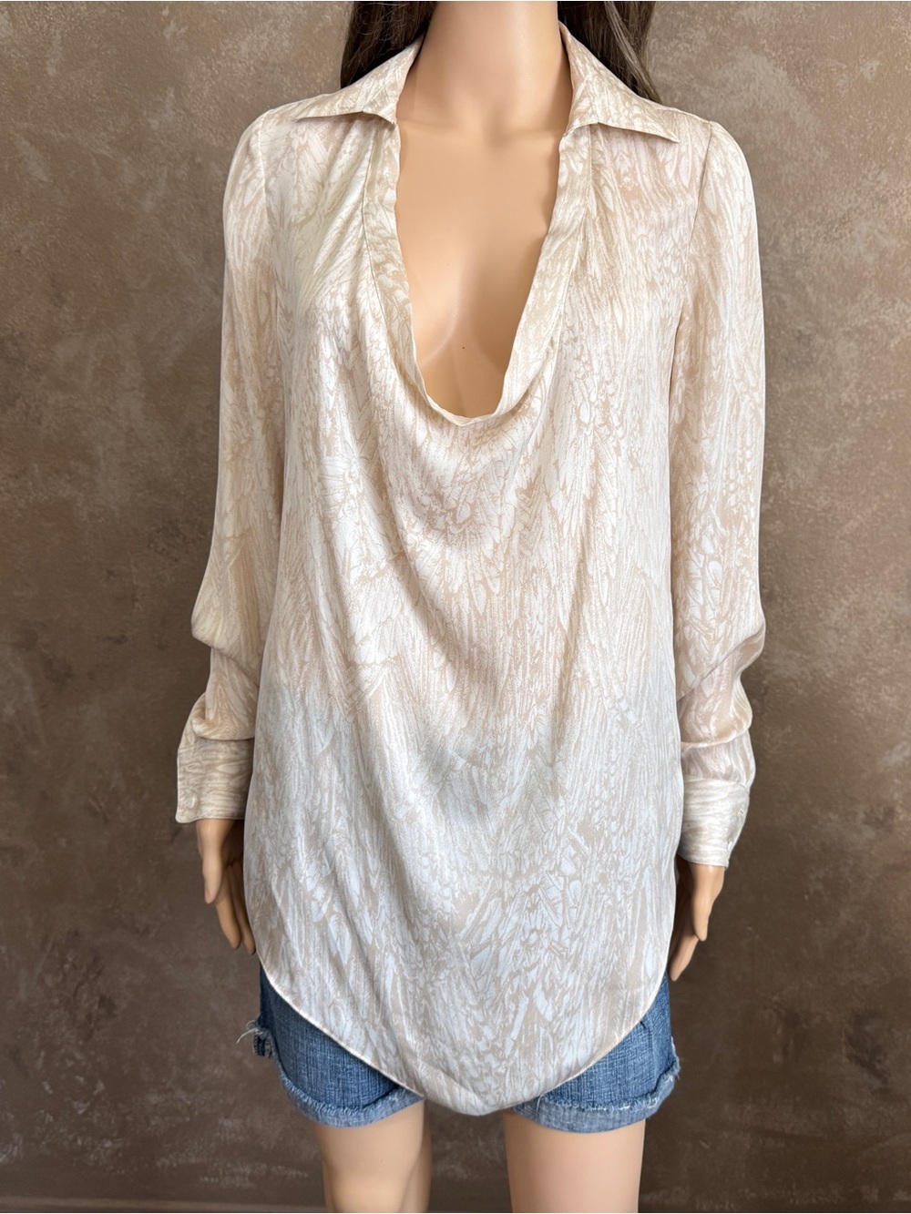 100% Silk Designer Women’s Draped Cowl Neck Long Sleeve Top - Cream HAUTE HIPPIE